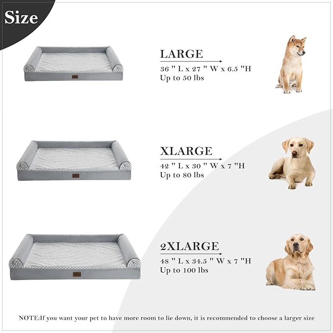 WNPETHOME Orthopedic Dog Beds for Large Dogs, Waterproof Memory Foam Large Dog Bed with Sides, Non-Slip Bottom and Egg-Crate Foam Big Pet Couch Bed with Washable Removable Cover, Grey