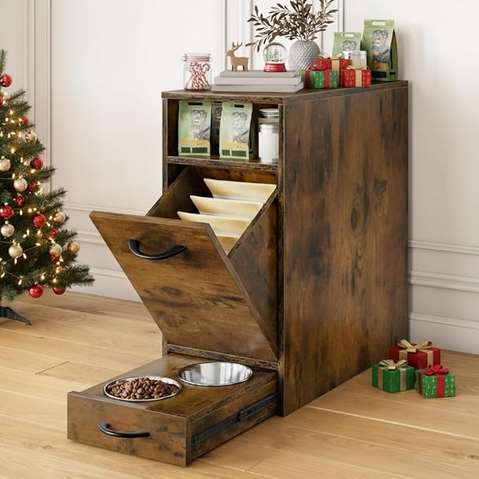 DWVO Dog Feeding Station with Storage, Dog Food Cabinet with 2 Feeder Bowls, Pull Out Elevated Dogs Bowl, Rustic Brown