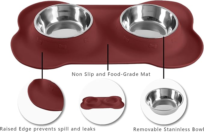 Hubulk Pet Dog Bowls 2 Stainless Steel Dog Bowl with No Spill Non-Skid Silicone Mat + Pet Food Scoop Water and Food Feeder Bowls for Feeding Small Medium Large Dogs Cats Puppies (X- Large, Burgundy)