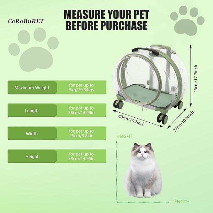 Transparent & Fully Breathable Hard Cat Carrier with Rolling Wheels, Multiple Carrying Carrier for Cats, Dogs, Or Bunnies for Traveling, Taking a Walk, Applicable Weighing up to 19.84lbs (Green,Clear)
