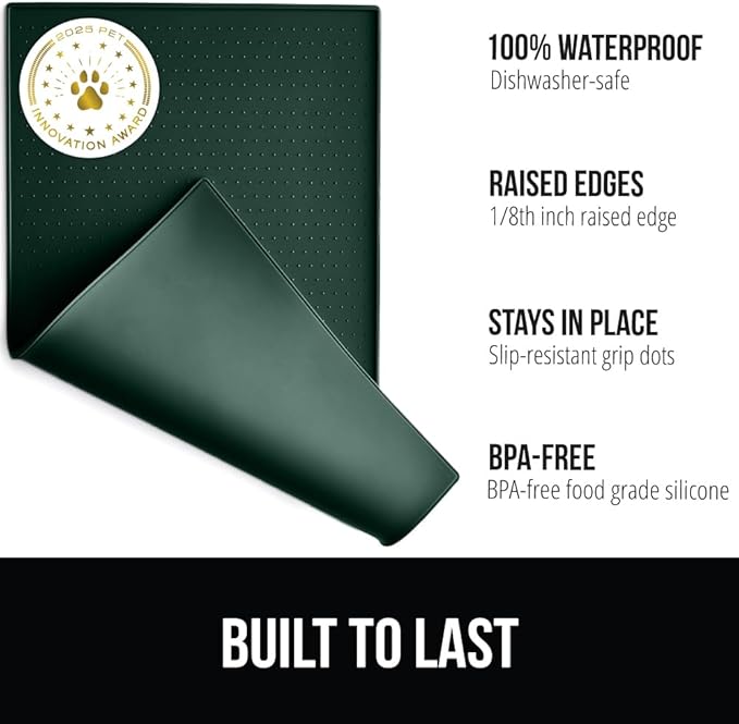 GORILLA GRIP 100% Waterproof Raised Edge BPA Free Silicone Pet Feeding Mat, Dog Cat Food Mats Contain Spills Protects Floors, Placemats for Cats and Dogs Water Bowl, Pets Accessories 16x10, Green