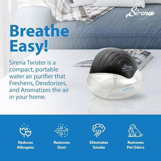 Sirena Twister Air Purifier (Black) - Water Filter Air Washer For Home and Office - Essential Oil Aroma Diffuser With LED Night light - Small Air Cleaner For Smoke and Pets