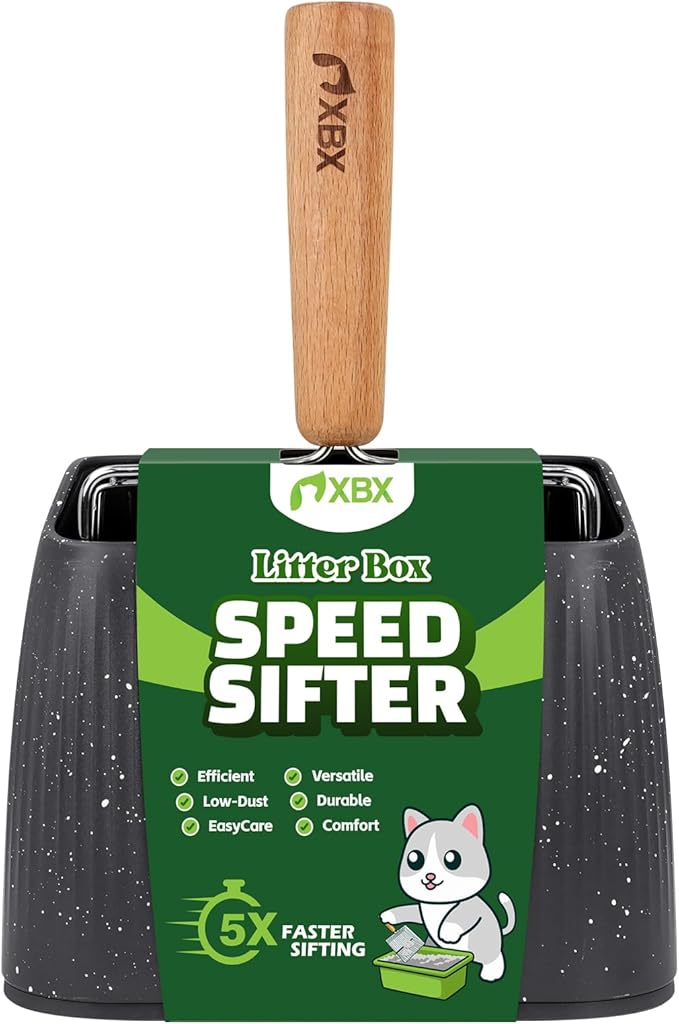XBX Cat Litter Scoop with Holder, Heavy Duty Litter Sifter, Stainless Steel Litter Shovel, Litter Scooper with Beech Wood Grip and Washable Stand, Perfect for Cat Litter Box Cleaning