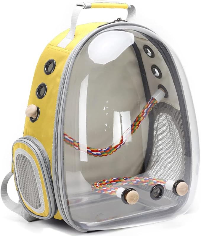 Bird Traval Carrier Cage, Clear Space Capsule Astronaut Backpack to Carry Parakeet Cockatiel Parrot with Metal Tray Wood Perch, Vet Transport School Bag