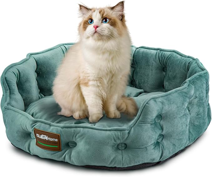 ClevaHome Cat Dog Bed for Small Pets up to 15lbs - Round Cat Beds for Indoor Cats, Machine Washable Comfortable Pet Bed for Puppy and Kitten with Non-Slip Bottom (Washed Green)
