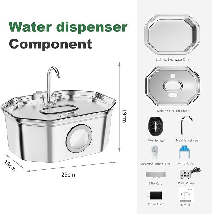 Cat Water Fountain Stainless Steel 108oz/3.2L, APAUK Automatic Pet Fountain Dog Water Dispenser with Water Level Window, Quiet Cat Fountain for Drinking, Inside with Replacement(2 Filters&2 Sponges)