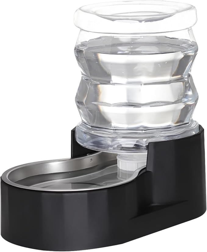 RIZZARI Automatic Gravity Pet Waterer Dispenser : 4L Black Stainless Steel Bowl Without Filter - Large Capacity Feeder for Dogs & Cats - Ideal for Kitchen - Living Room - or Hallway Use