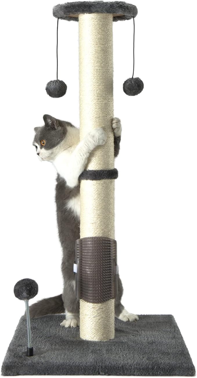 PEEKAB 32" Tall Cat Scratching Post Sisal Scratch Posts,with Hanging Ball and Self-Massage Brush Vertical Scratcher for Indoor Cats and Kittens Gray 32inches