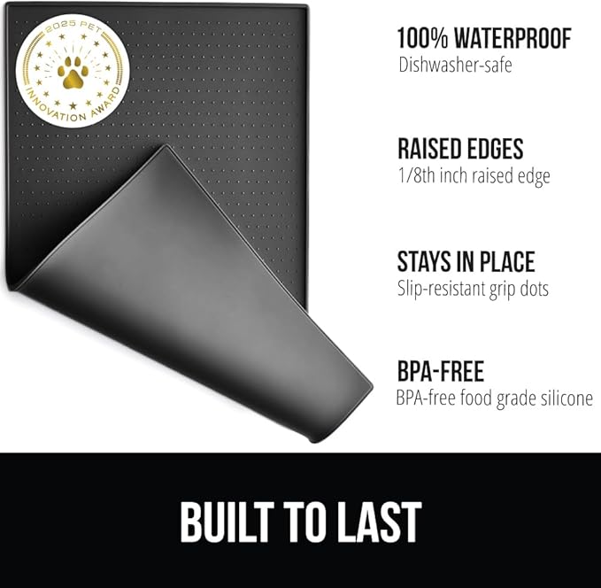 GORILLA GRIP 100% Waterproof Raised Edge BPA Free Silicone Pet Feeding Mat, Dog Cat Food Mats Contain Spills Protects Floors, Placemats for Cats and Dogs Water Bowl, Pets Accessories 23x15 Charcoal