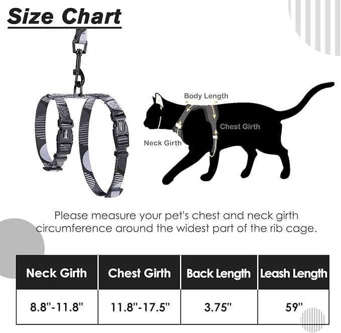 PUPTECK Adjustable Cat Harness and Leash Set Escape Proof Kitten Strap Collar for Walking Travel, Printed Dark Grey