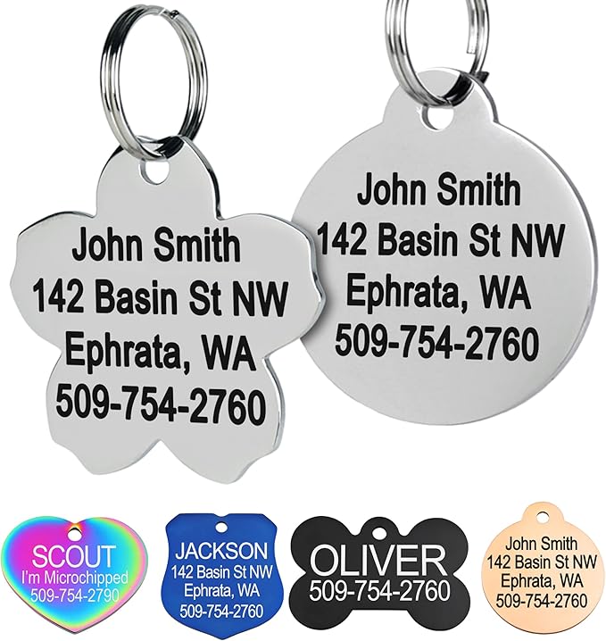 GoTags Stainless Steel Pet ID Tags, Personalized Dog Tags and Cat Tags, up to 8 Lines of Custom Text, Engraved on Both Sides, in Bone, Round, Heart, Bowtie and More (Flower, Small (Pack of 1))