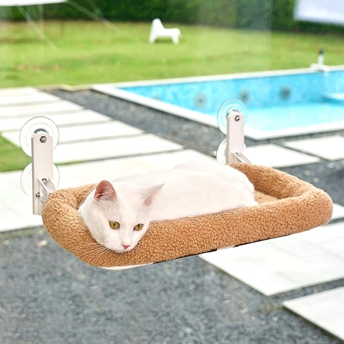 Zakkart Foldable Cat Hammock for Window - Cordless, Embeded Machine Washable Bed, Robust Metal Frame - Cat Window Perch for Large Cats and Kitten (Brown Bolster Bed, Medium)