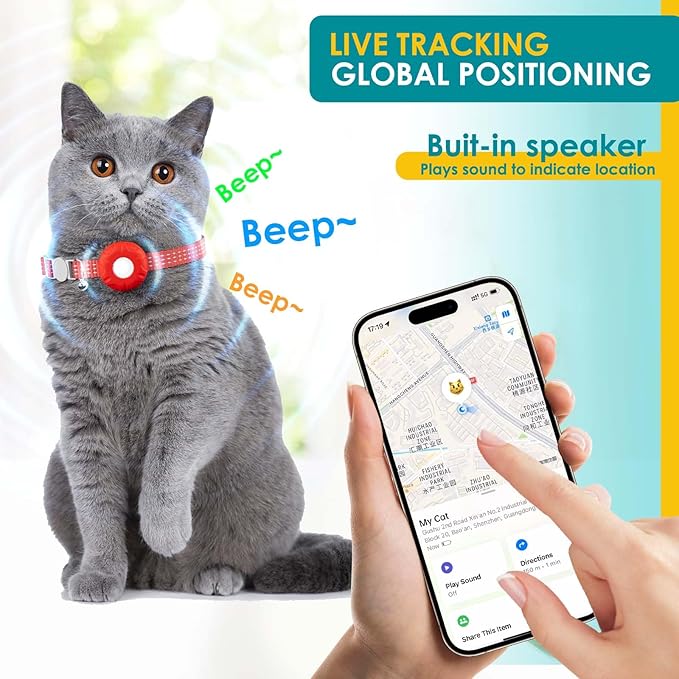GPS Tracker for Cats, Compatible with Apple Find My App (Only iOS), No Monthly Fee Cat Tracker, Waterproof (White Tracker, Red Cat Collar)