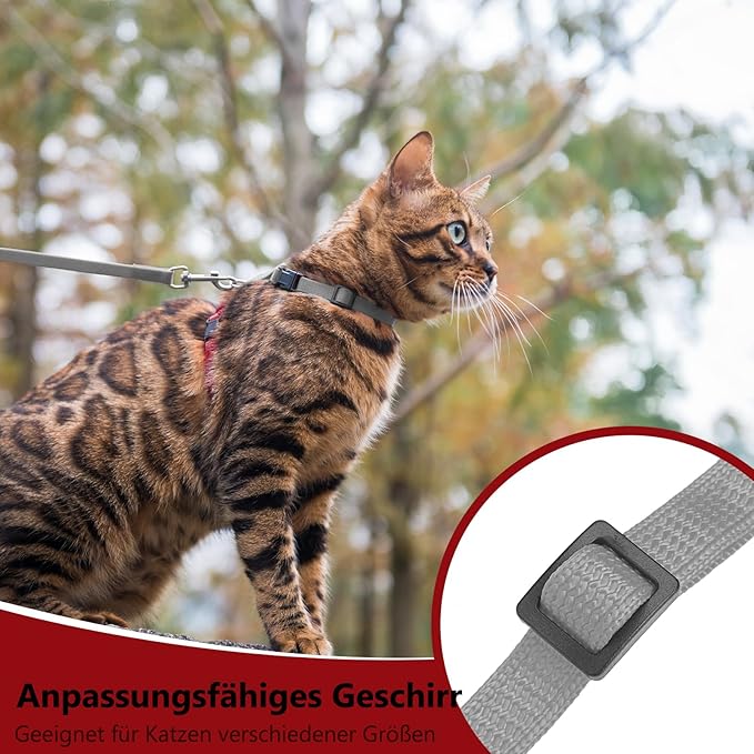 PUPTECK Adjustable Cat Harness and Leash Set Escape Proof Kitten Strap Collar for Walking Travel, Grey/Red Mixed