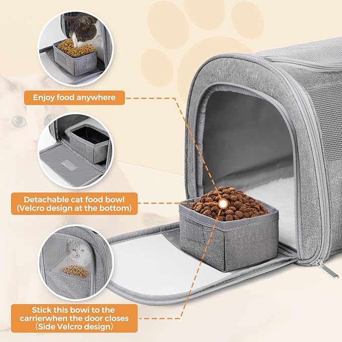 Soft Cat Carrier for Pets Up to 25 lbs, Cat Pet Travel Bag with Padded Shoulder Strap and Detachable Cat Food Bowl, Pet Dog Carriers for Small Dogs and Puppies, Travel Carry, Gray