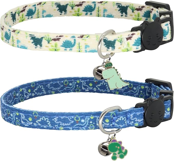 Cat Collar Breakaway, 2 Pack Cotton Cats Collars with Bells, Cute Dinosaurs Shaped for Girl Boy Kittens