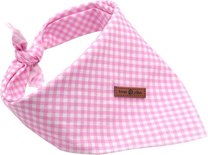 Lionet Paws Dog Bandana Washable Cotton Handkerchief Scarf Triangle Bandana for Small Medium Large Dogs Pink Grid