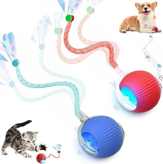 2 Packs Speed 2.0 Tail Interactive Cat Toys for Indoor Cats, Chirping & Motion Activate Cat Toy, Smart Kitten Rolling Ball Moving Ball Toys, Rechargeable Dog Cats Bal l for Enrichment Exercise