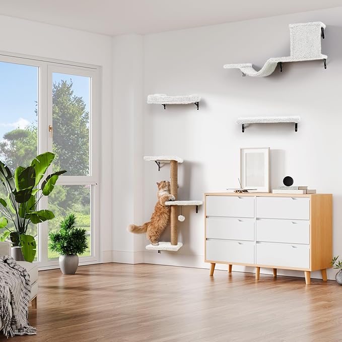 5-in-1 Cat Wall Shelves, Multi-Level Cat Climbing Furniture, Perch & Lounge for Indoor Cats, Space-Saving Wall Mounted Shelves for Play & Rest (Natural Wood) - White