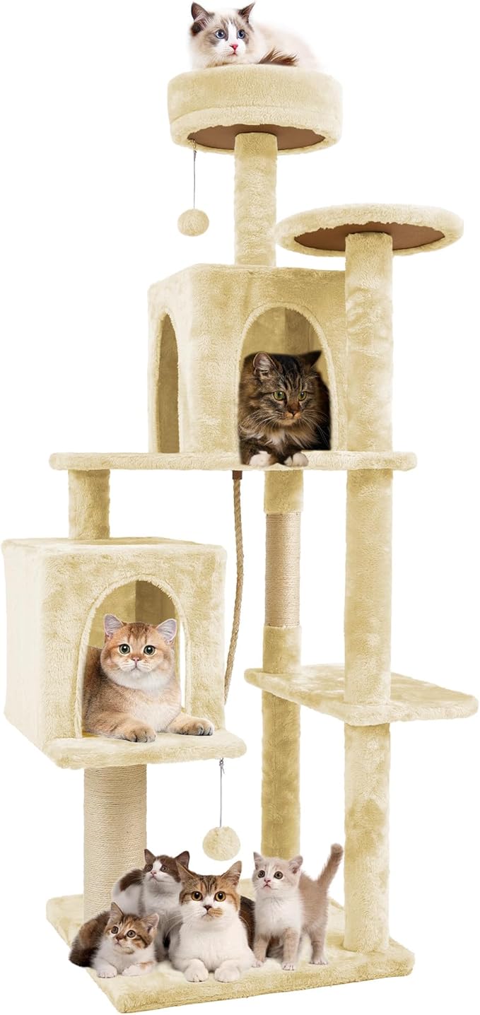 58.5inch Large Cat Tree Tower Condo for Indoor Cats, Soft Plush Multi-Level Climbing Tree Cat House, Scratching Post, More Entrance/Exit, Sisal Rope, Beige Almond
