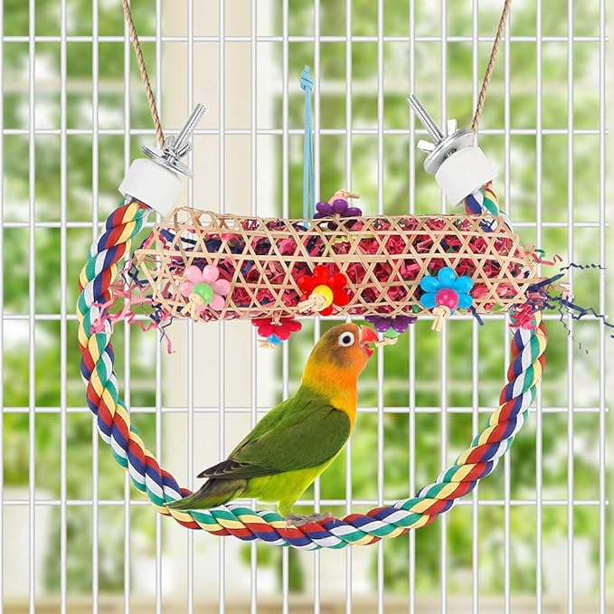 Foraging Bird Toys - Shredding Parakeet Toys with Rope Perch for Conure, Cockatiel, Budgies, Lovebird, Parrotlet