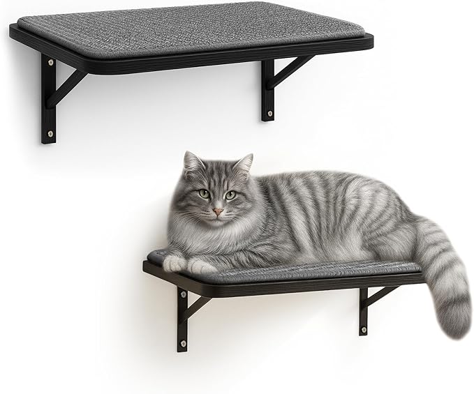 Cat Wall Shelves Set of 2, Black Solid Wood Cat Lounging Shelf with Grey Sisal Cushion, Wall-Mounted Space-Saving Climbing Shelf, Window Perch for Kittens & Cats, Black Furniture for Indoor