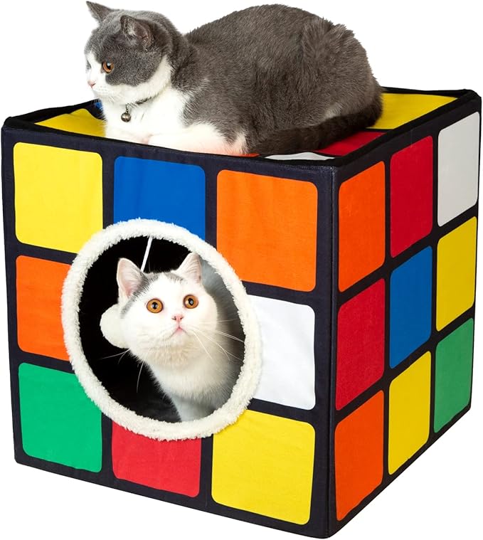 LUCKITTY Cat Condo House with Reversible Cushions and Fluffy Ball Hanging, Foldable Magic Cube, Large Cave Bed for Indoor Cats, Unique Puzzle Shape Lagre 16.5“ x 16.5" x 16.5”