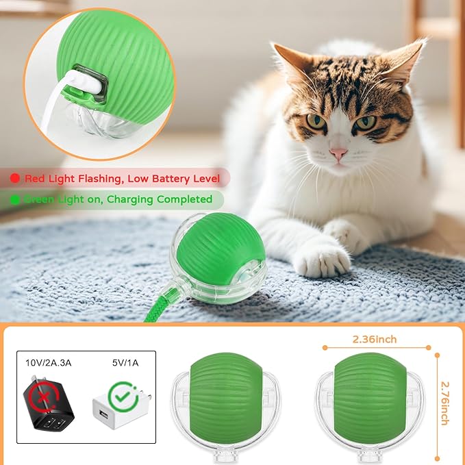 2025 New 1Pack Cat Ball Kitten Toys for Indoor Interactive Kitty Ball Toy Speedy Tail 360° Automatic Rolling(Green)