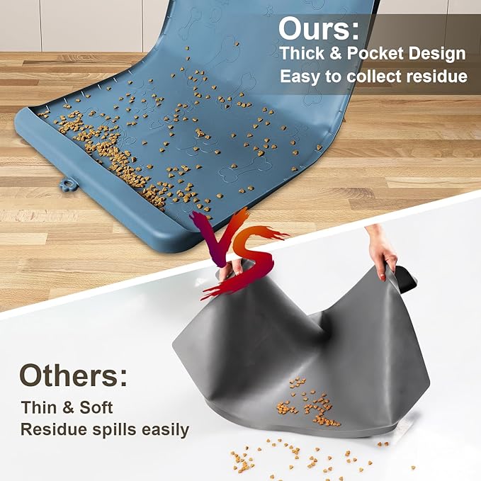 Dog Food Mat - Silicone Dog Mat for Food and Water - 36" x 24" Large Pet Feeding Mats with Residue Collection Pocket - Waterproof Dog Cat Bowl Mat with High Edges to Prevent Water Food Spills
