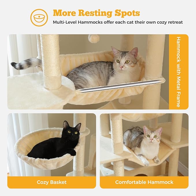 81" Heavy Duty Cat Tree for Large Cats up to 20lbs - Extra Tall Cat Tower with Metal Frame Hammock, 6 Sisal Scratching Posts, 2 Perches - Indoor Cat Furniture for Maine Coon, Big Cats, Beige