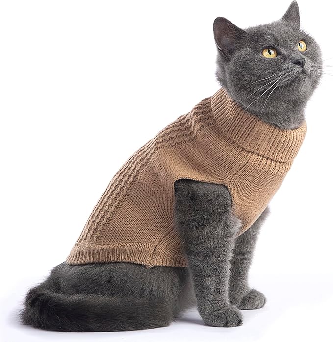 Stretchy Cat Sweater - 17 Colors & 6 Sizes | Snug Winter-Ready Knit for Boy/Girl Cats & Kittens(Khaki, Large)