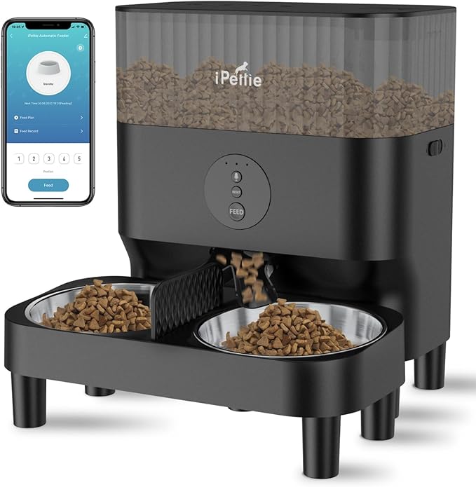 iPettie Automatic WiFi Pet Feeder for 2 Pets, 5L Capacity, 1-10 Meals Per Day, Adjustable Bowl Height, Smart Dog Cat Feeder with 2 Stainless Steel Bowls, 2.4G WiFi App Control for Cats and Small Dogs