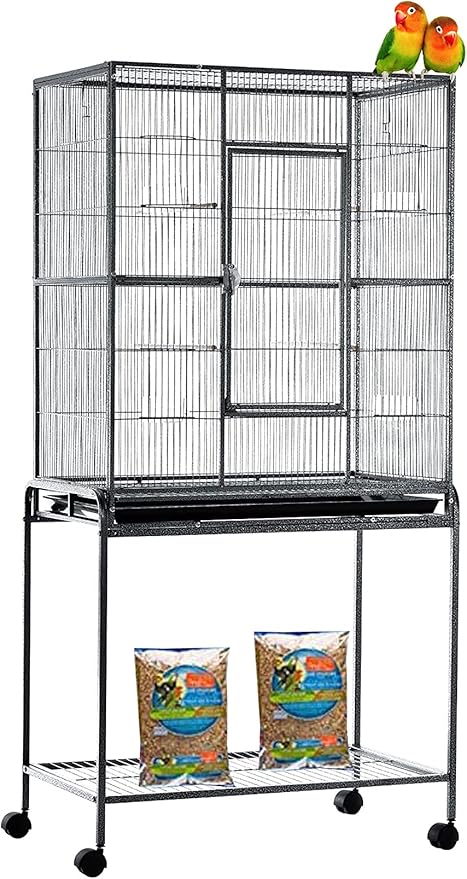 54" Large Wrought Iron Breeding Flight Canary Parakeet Cockatiel Lovebird Finch Cage Side Nesting Box Doors with Removable Rolling Stand