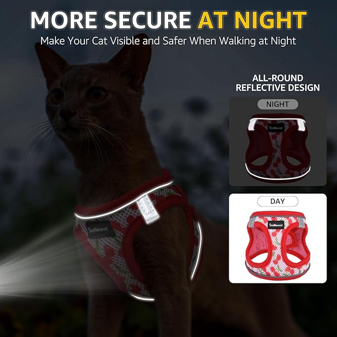 SCENEREAL Cat Harness & Leash Set Escape Proof - Adjustable Air Mesh Vest with Reflective Strips for Kittens, Puppies, Rabbits, Cherry M