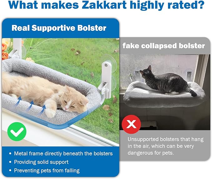 Zakkart Foldable Cat Hammock for Window - Cordless, Embeded Machine Washable Bed, Robust Metal Frame - Cat Window Perch for Large Cats and Kittens (Gray Bolster Bed, Medium)