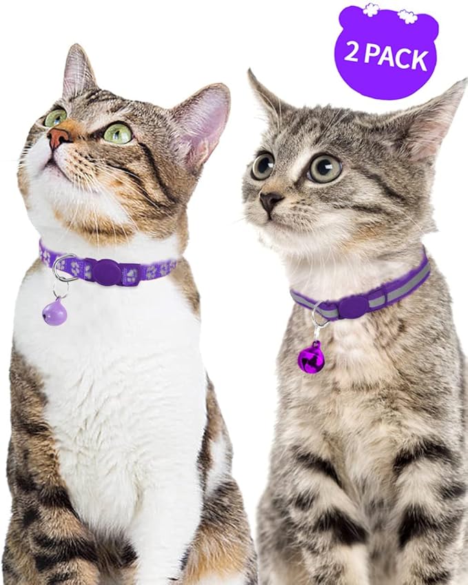 Taglory Reflective Cat Collar Breakaway with Bells, 2 Pack Girl Boy Pet Cat Collar Adjustable 7.5-12.5 Inch, Purple