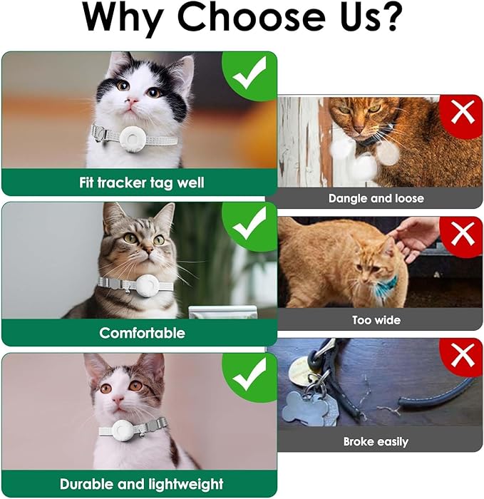 Cat GPS Tracker, Cat Tracker Compatible with Apple Find My App (Only iOS), No Monthly Fee, Waterproof, Breakaway Collar Included, Up to 1 Year Battery (White Tracker, White Cat Collar)