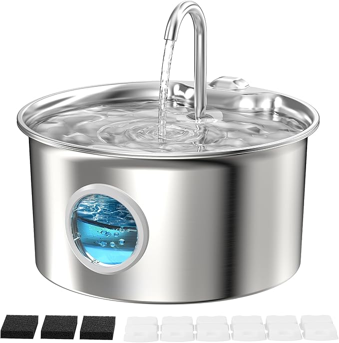 Stainless Steel Cat Water Fountain: Cat Fountain with 6 Filters + 3 Sponges - 88oz/2.6L Pet Water Fountain for Cats Inside - Silent Cats Water Bowl Dispenser - ATMZIQXR Kitty Drinking Fountains