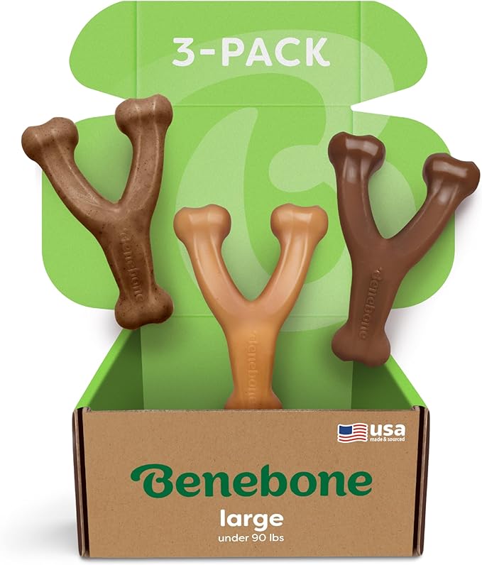 Large 3-Pack, Benebone Wishbone Durable Dog Chew Toy for Aggressive Chewers, Real Bacon, Chicken, Peanut Butter, Made in USA, Variety Pack