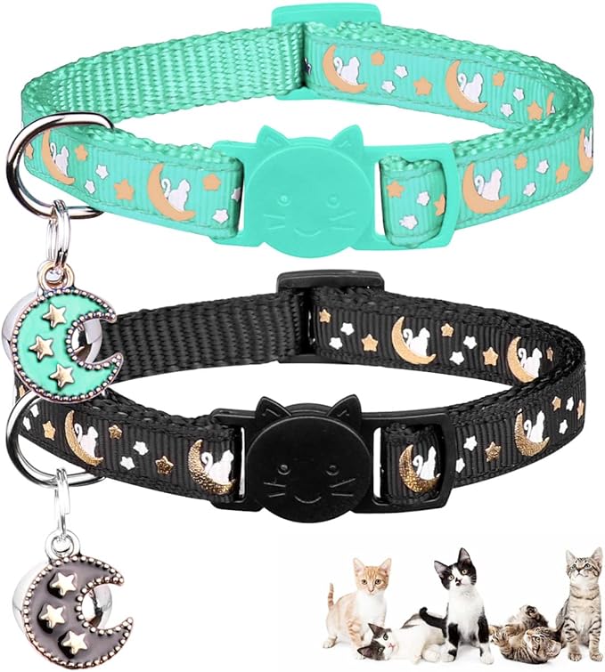 2Pcs Breakaway Cats Collars Cat Collars for Boy & Girl Cats Adjustable Kitten Collars with Bell,Black+Teal