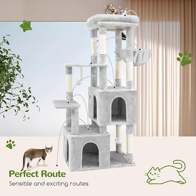Globlazer Cat Tower for Indoor Cats, Heavy Duty Cat Trees for Large Adult Big Cats Maine Coon Cat Tree Tower with Scratching Post, Extra Large Top Perch, Cat Condos, F61, Cloud Grey, 61inch