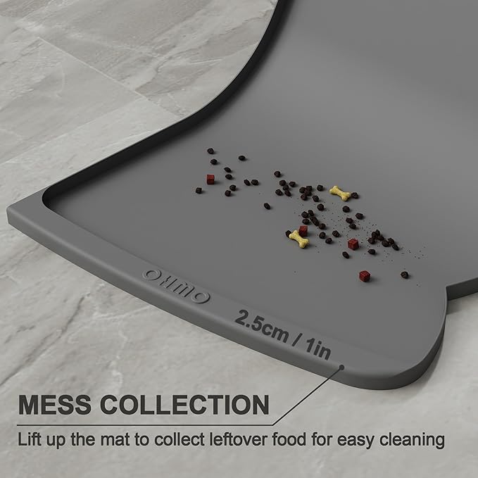 OHMO Dog Food Mat(Dark Grey, 24 * 15'') w/Residue Collection Pocket Silicone Pet Feeding Mat for Floor High Edges Anti Spills Waterproof Cat Water Bowl Tray, Easy Clean Placemat