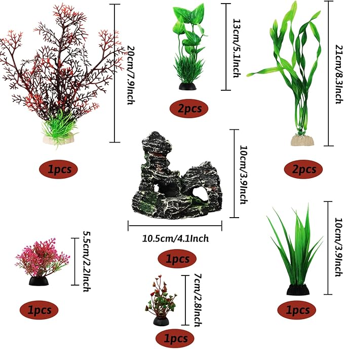 Fish Tank Decorations Plants with Resin Cave Rock View, 9pcs Aquarium Decorations Plants Plastic,Fish Tank Accessories, Fish Cave and Hideout Ornaments, Aquarium Decor