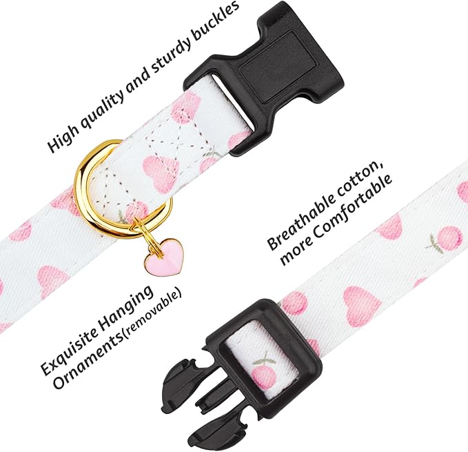 Cotton Handmade Dog Collar Cute and Distinctive Patterns White and Pink Love Heart with Pendant for Girl Boy Dogs Collars L
