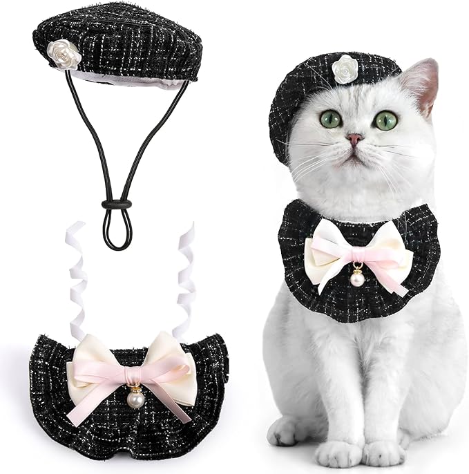 HOWWFALY 2PCS Cat Beret Hat with Small Camellia, Adjustable Satin Bowtie Bandana Scarf Set Pet Princess Costume for Halloween Christmas, Cat Dog Birthday Party Apparel(Black Bow)