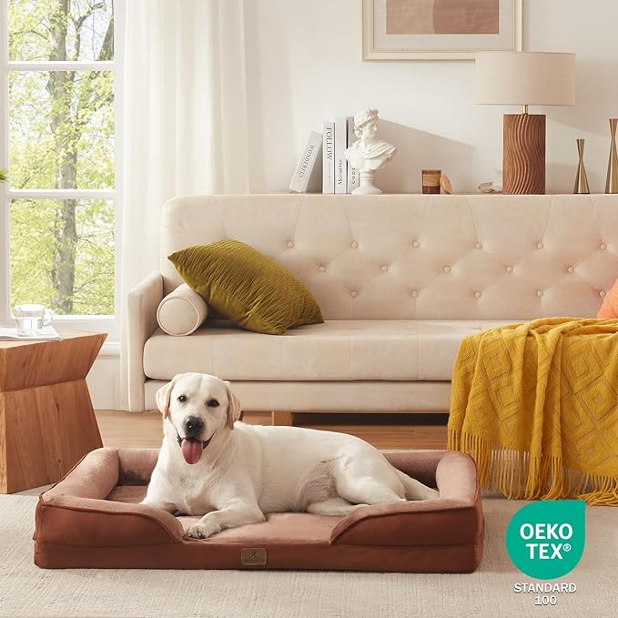 Bedfolks Orthopedic Dog Bed XL, Waterproof Dog Sofa Bed for Extra Large Dogs, Egg Foam Pet Couch Bed with Removable Washable Cover and Nonslip Bottom, Brown