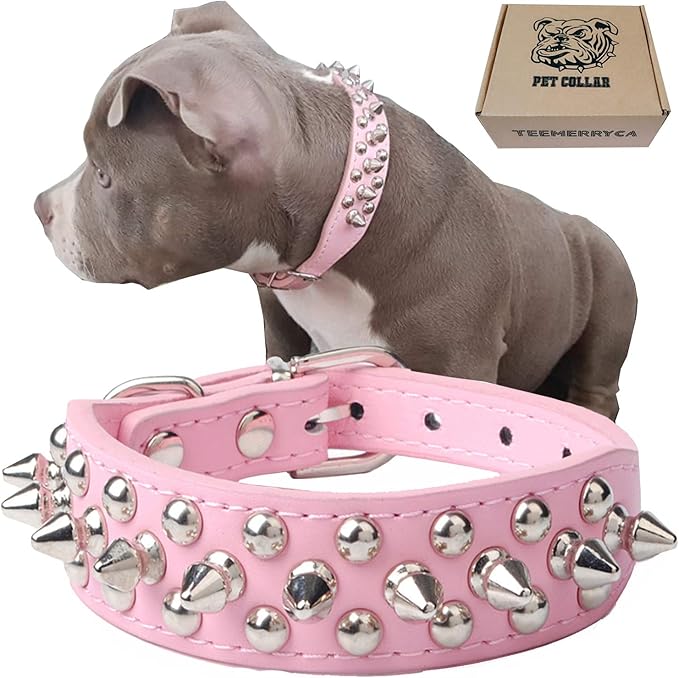 TEEMERRYCA Adjustable Leather Spiked Studded Dog Collars with a Squeak Ball Gift for Small Medium Large Pets Like Cats/Pit Bull/Bulldog/Pugs/Husky, Pink, L(15"-18.5")