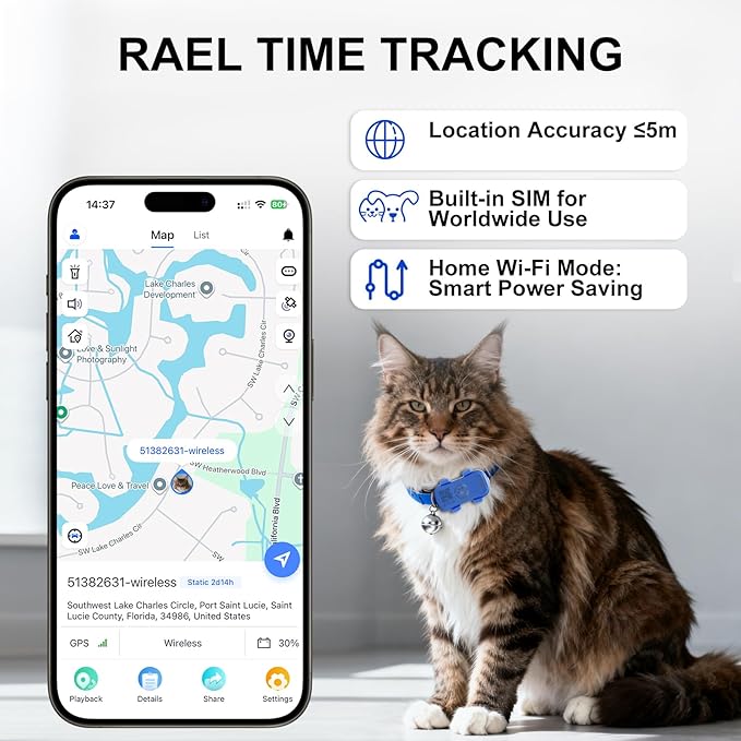 GPS Tracker for Dogs & Cats Pet GPS Location Tracker with Smart Alerts & Location History Geo-Fence Real-Time Waterproof iOS & Android Subscription Required （5-Day Free Trial）