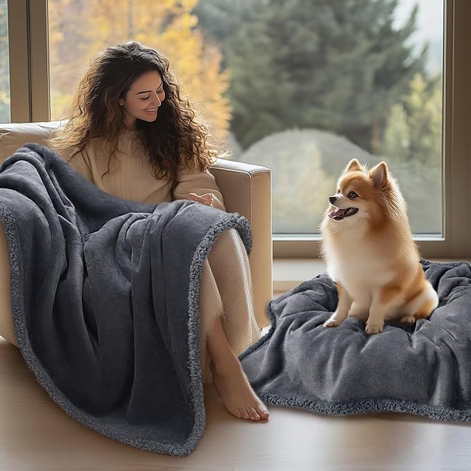 Luciphia Waterproof Pet Blanket, Liquid Pee Proof Dog Blanket for Sofa Bed Couch, Reversible Sherpa Fleece Furniture Protector Cover for Small Medium Large Dogs Cats, Dark Gray Queen Size（90" x 82"）