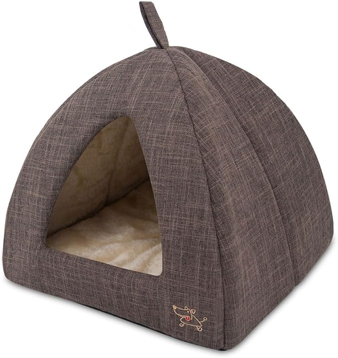 Best Pet Supplies Dog House Bed Crate Mat Tent Indoor Round Soft Plush for Small, Medium, and Large Breeds - Brown Linen, 16" x 16" x H:14"